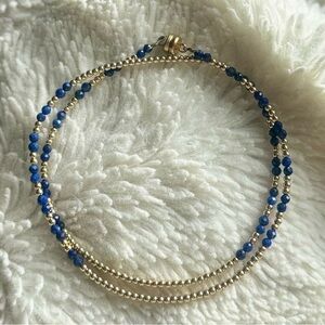 Dainty Gold Filled & Lapis Lazuli Double Wrap Bracelet w Magnetic Clasp